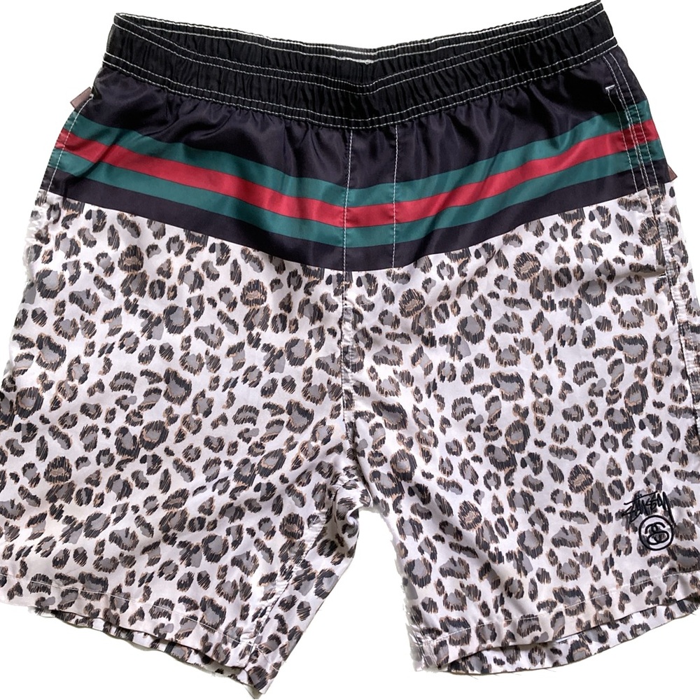 Stussy Leopard Print Swim Shorts with Red Black and Green Stripes